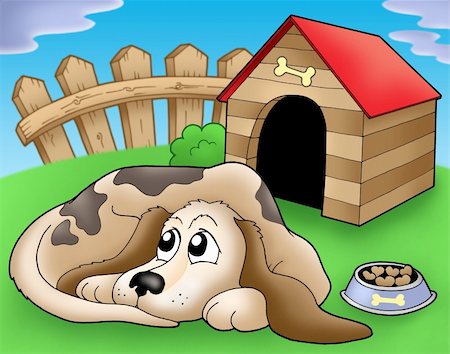 simsearch:400-05686866,k - Sad dog in front of kennel 1 - color illustration. Fotografie stock - Microstock e Abbonamento, Codice: 400-05137403