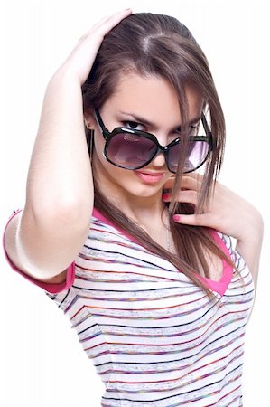 simsearch:400-04498992,k - woman in a pink shirt with the glasses on a white background Photographie de stock - Aubaine LD & Abonnement, Code: 400-05137532