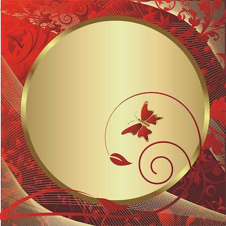 The butterfly flying to the sun on a red background with a vegetative ornament Stock Photo - Budget Royalty-Free & Subscription, Code: 400-05137553