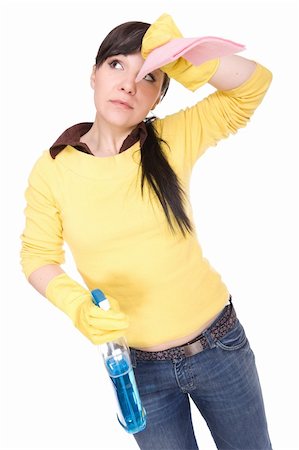 picture of a lady sweeping the floor - brunette woman doing house work . isolated on white background Stock Photo - Budget Royalty-Free & Subscription, Code: 400-05137670