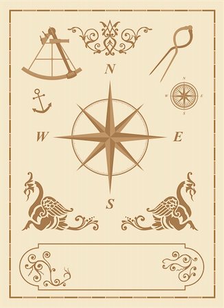 set of old nautical symbols and icons with vintage map design elements Foto de stock - Super Valor sin royalties y Suscripción, Código: 400-05137738