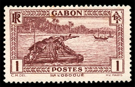 vintage African stamp from Gabon depicting native worker on logging raft on the Ogooue river Photographie de stock - Aubaine LD & Abonnement, Code: 400-05137757
