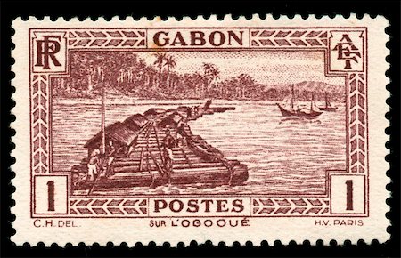 philately - vintage African stamp from Gabon depicting native worker on logging raft on the Ogooue river Photographie de stock - Aubaine LD & Abonnement, Code: 400-05137757