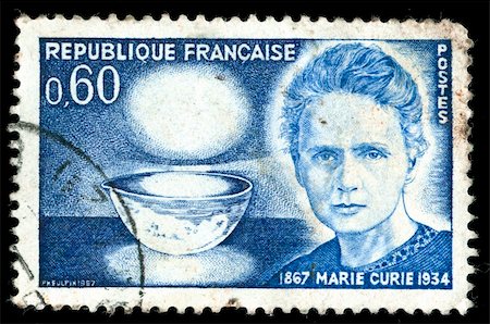 postage stamp - Vintage french stamp depicting Marie Curie who won two Nobel prizes in Physics and Chemistry for her work on Radioactivity and the discovery of radioactive chemical elements Stock Photo - Budget Royalty-Free & Subscription, Code: 400-05137751