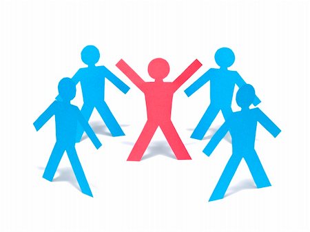 A red paper man is raising his arms among the blue paper men group. Stock Photo - Budget Royalty-Free & Subscription, Code: 400-05138457