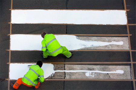 workers painting crosswalk with white colour - view from above Stock Photo - Budget Royalty-Free & Subscription, Code: 400-05139488