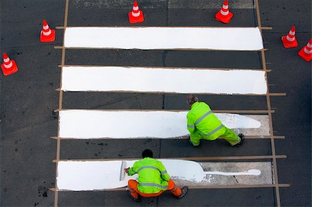 workers painting crosswalk with white colour - view from above Stock Photo - Budget Royalty-Free & Subscription, Code: 400-05139489