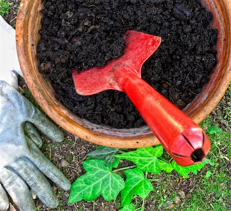 simsearch:400-08961753,k - classic vase and gardening utensil on green background Fotografie stock - Microstock e Abbonamento, Codice: 400-05130971