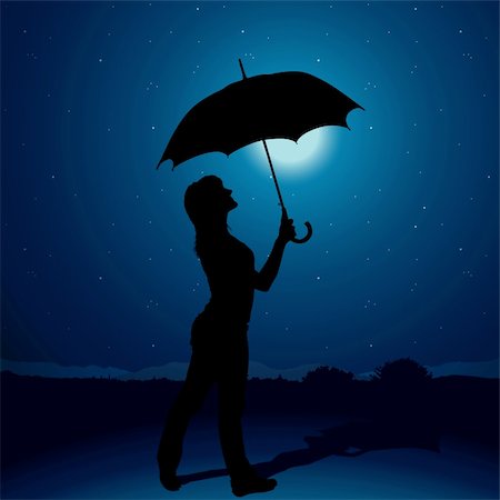 silhouette girl with umbrella - Girl and Umbrella - at night - detailed silhouette as illustration, vector Stock Photo - Budget Royalty-Free & Subscription, Code: 400-05131954