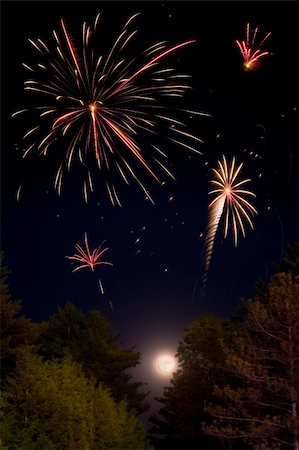 simsearch:400-06178928,k - Multiple fireworks exploding above the moon and trees Stock Photo - Budget Royalty-Free & Subscription, Code: 400-05145397