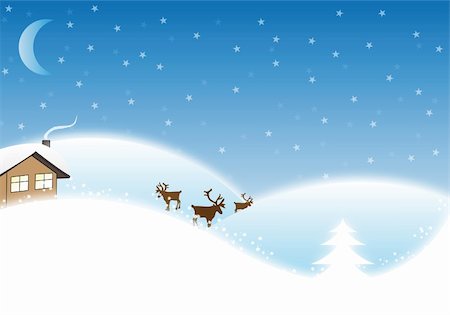 snowflakes on window - Winter / Christmas Landscape with reindeers and a small house Foto de stock - Super Valor sin royalties y Suscripción, Código: 400-05145840