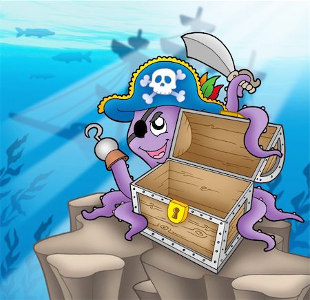simsearch:400-04589554,k - Pirate octopus with chest in sea - color illustration. Photographie de stock - Aubaine LD & Abonnement, Code: 400-05146010