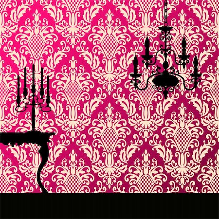 simsearch:400-04362491,k - Damask seamless pattern and interior silhouettes, antique background. Stockbilder - Microstock & Abonnement, Bildnummer: 400-05148248