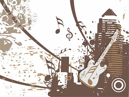 dirty city - music city and guitar with grunge background, illustration Stock Photo - Budget Royalty-Free & Subscription, Code: 400-05149898