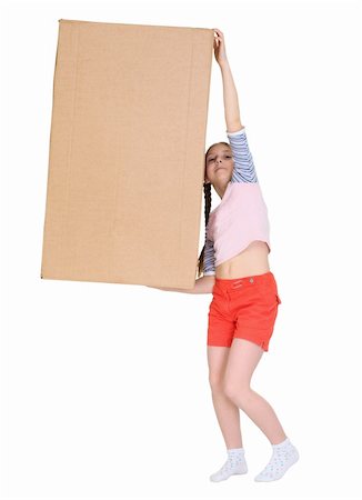 Girl holding very heavy brown cardboard box on the white Stock Photo - Budget Royalty-Free & Subscription, Code: 400-05141911