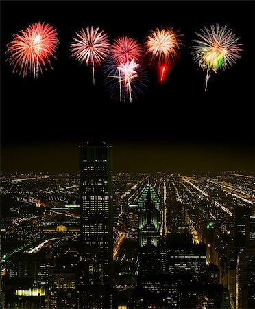 Aerial view of Chicago cityscape at night - with firework illustration Photographie de stock - Aubaine LD & Abonnement, Code: 400-05142205