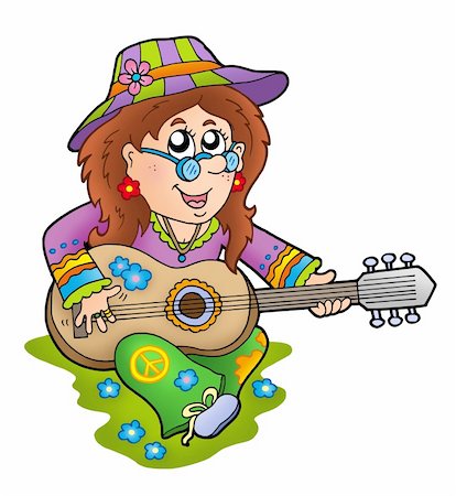 earring drawing - Hippie guitar player outdoor - color illustration. Stock Photo - Budget Royalty-Free & Subscription, Code: 400-05143448