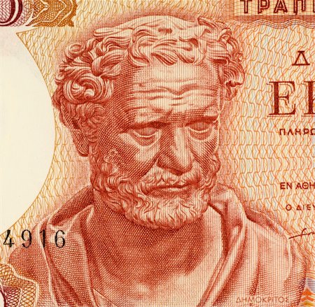simsearch:400-04550621,k - Democritus on 100 Drachmai 1967 Banknote from Greece. Ancient Greek philosopher. The most influental before the socratic era. His atomic theory may be regarded as the culmination of early Greek thought. He is considered as the "father of modern science". Foto de stock - Super Valor sin royalties y Suscripción, Código: 400-05154471