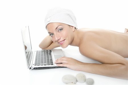 Beautiful woman in spa working with laptop computer Stock Photo - Budget Royalty-Free & Subscription, Code: 400-05154830