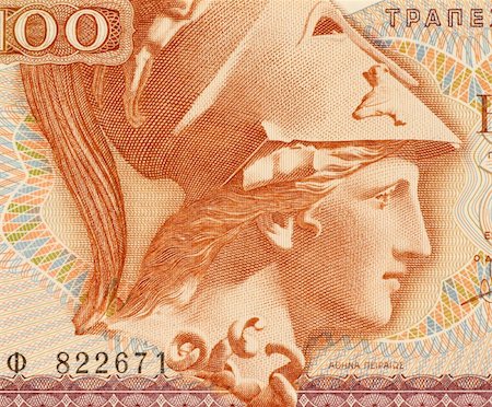 simsearch:400-04550621,k - Goddess Athena on 100 Drachmai 1978 Banknote from Greece. The goddess of wisdom, peace, warfare, strategy, handicrafts and reason, shrewd companion of heroes and of heroic endeavour. She is the virgin patron of Athens, which built the Parthenon to worship her. Foto de stock - Super Valor sin royalties y Suscripción, Código: 400-05155110