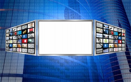 entertainment industry concepts - Global 3d screen multimedia monitor tech concept, white copy space Stock Photo - Budget Royalty-Free & Subscription, Code: 400-05157809