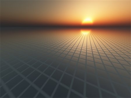 perspective grid horizon - An infinite perspective grid over horizon towards sunset sky. Use as an abstract business or technology background. Stock Photo - Budget Royalty-Free & Subscription, Code: 400-05158821
