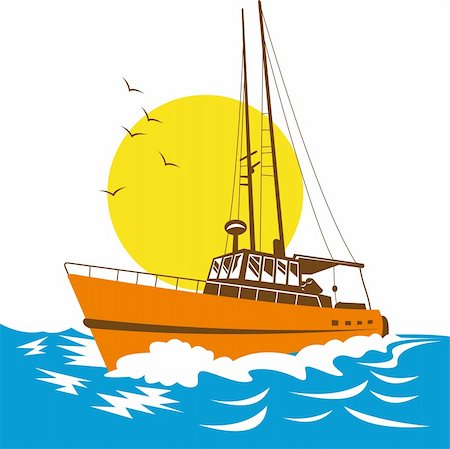 stormy sea boat - Illustration of a fishing boat at sea Foto de stock - Super Valor sin royalties y Suscripción, Código: 400-05150041