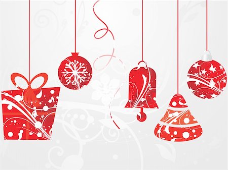 red christmas bulbs - grey seamless floral pattern background with hanging christmas icons Stock Photo - Budget Royalty-Free & Subscription, Code: 400-05151346