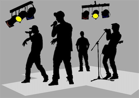 singer band - Vector drawing of musicians on stage. Black silhouettes Foto de stock - Super Valor sin royalties y Suscripción, Código: 400-05153726