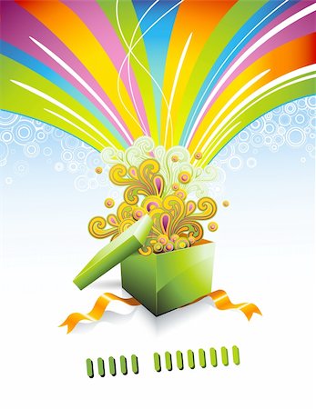 greeting card or background with gift-box and rainbow-colored swirls Fotografie stock - Microstock e Abbonamento, Codice: 400-05165992