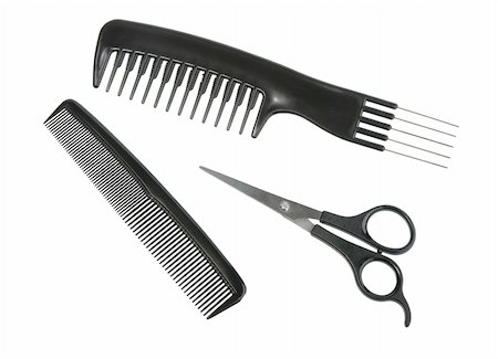 simsearch:400-08404327,k - Two black professional combs and scissors. Close-up. Isolated on white background. Foto de stock - Royalty-Free Super Valor e Assinatura, Número: 400-05167201