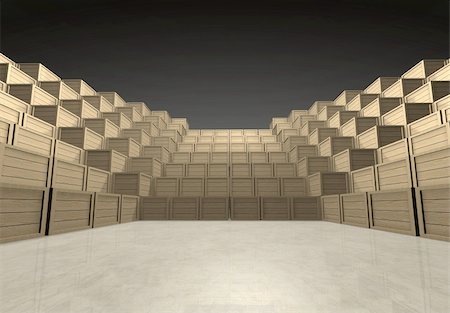 Pyramidal forum assempled with wooden shipment boxes in dark infinite interior with smooth concrete reflective floor - low perspective - computer generated image Photographie de stock - Aubaine LD & Abonnement, Code: 400-05162215