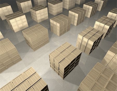 Cubic stacks of wooden boxes prepared for shipment in regular infinite rectangle array in warehouse - bird's eye view - computer generated image Photographie de stock - Aubaine LD & Abonnement, Code: 400-05162212