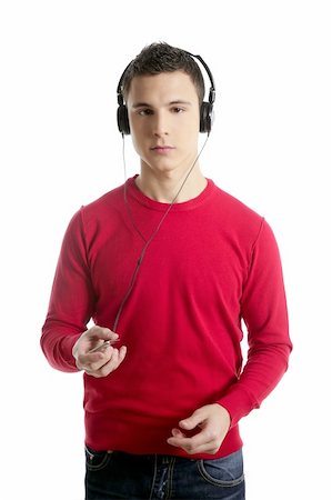 Young student boy dress in red hearing mp3 music, studio isolated on white Stock Photo - Budget Royalty-Free & Subscription, Code: 400-05162651