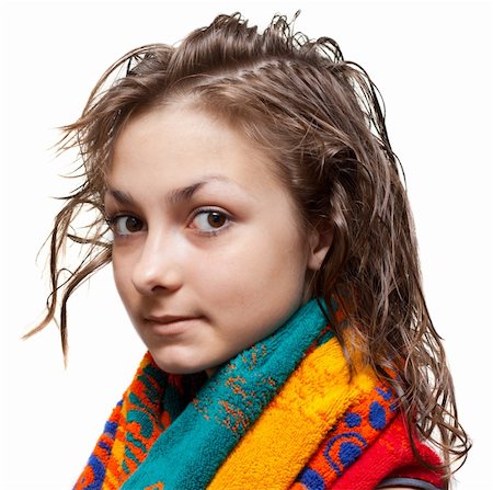 simsearch:400-07054885,k - Young girl with wet hair and colour towel on neck, isolat Stockbilder - Microstock & Abonnement, Bildnummer: 400-05174399