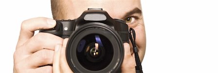 paparazzi taking pictures of man background - young caucasian detail  photographer on white background with space for text Stock Photo - Budget Royalty-Free & Subscription, Code: 400-05175552