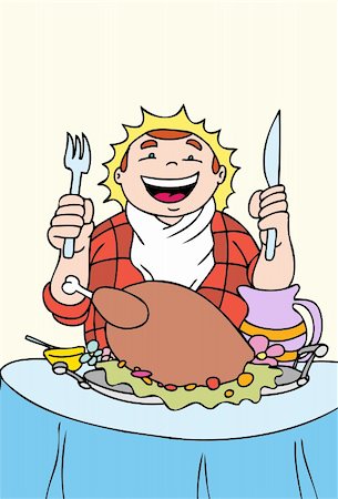 simsearch:400-05181259,k - Large man sits at a table with a knife and fork in hand. He is about to eat his Thanksgiving turkey dinner. Foto de stock - Super Valor sin royalties y Suscripción, Código: 400-05175649