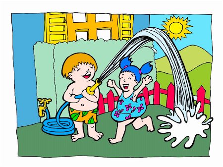 spraying water hose - Kids having a good time in the yard. Stock Photo - Budget Royalty-Free & Subscription, Code: 400-05175661