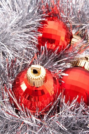 simsearch:400-05177572,k - Red Christmas balls among silver glittering decoration Stock Photo - Budget Royalty-Free & Subscription, Code: 400-05177576