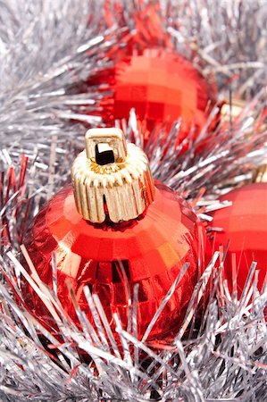 simsearch:400-05177572,k - Red Christmas balls among silver glittering decoration Stock Photo - Budget Royalty-Free & Subscription, Code: 400-05177579