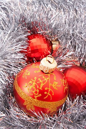 simsearch:400-05177572,k - Red Christmas balls among silver glittering decoration Stock Photo - Budget Royalty-Free & Subscription, Code: 400-05177581