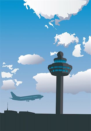 Vector illustration of airport control tower and flying airplane Stock Photo - Budget Royalty-Free & Subscription, Code: 400-05178129