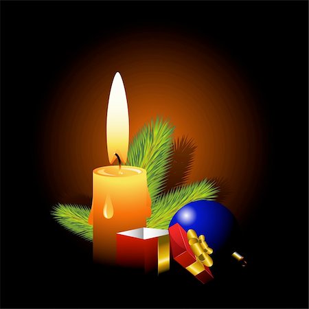 Christmas design element: a branch of pine, balloons and gift box illuminated by candles. EPS 8, AI, JPEG Stock Photo - Budget Royalty-Free & Subscription, Code: 400-05178151