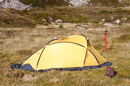simsearch:400-04277308,k - Camp in Pyrenees mountain in Andora. Small yellow tent Photographie de stock - Aubaine LD & Abonnement, Code: 400-05178966