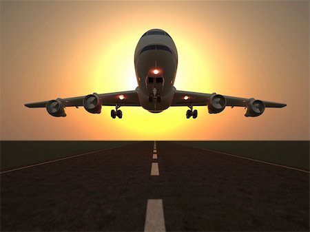 Airplane taking of at sunrise - 3d render Stock Photo - Budget Royalty-Free & Subscription, Code: 400-05179906