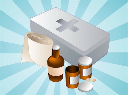 First aid kit and its contents including pills and bandages, illustration Stock Photo - Budget Royalty-Free & Subscription, Code: 400-05170630