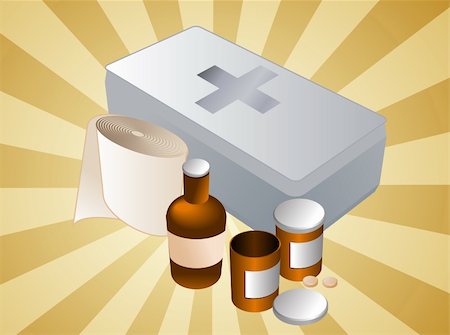 First aid kit and its contents including pills and bandages, illustration Stock Photo - Budget Royalty-Free & Subscription, Code: 400-05170631
