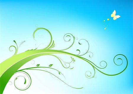 simsearch:400-04624081,k - Vector illustration of floral lines background with Design elements - green flourish and yellow butterfly on white background Fotografie stock - Microstock e Abbonamento, Codice: 400-05170893