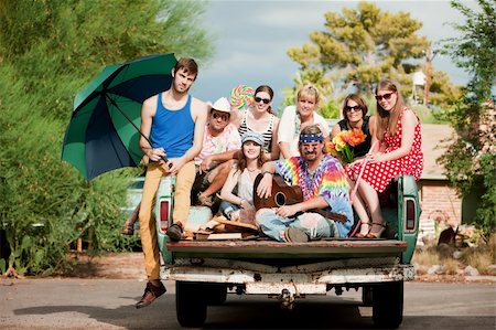 friends female hippie - Portrait of Groovy Group in the Back of Truck Stock Photo - Budget Royalty-Free & Subscription, Code: 400-05170962