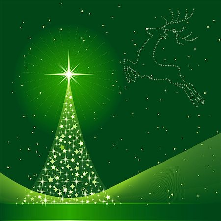 simsearch:400-04267314,k - Square green background for Christmas showing a Christmas tree made of stars and the silhouette of a reindeer in the sky. 6 Global colors, blends. Artwork grouped and layered. Foto de stock - Royalty-Free Super Valor e Assinatura, Número: 400-05171076